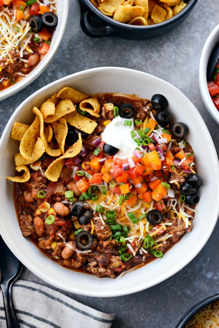 Slow Cooker Taco Chili l SimplyScratch.com #slowcooker #taco #chili #gameday #chilirecipe #tacochili #homemadechili