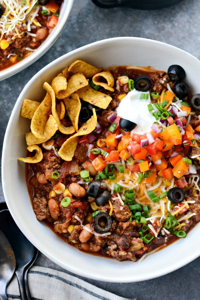 Slow Cooker Taco Chili l SimplyScratch.com #slowcooker #taco #chili #gameday #chilirecipe #tacochili #homemadechili