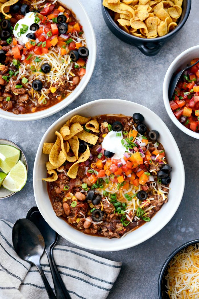 Slow Cooker Taco Chili l SimplyScratch.com #slowcooker #taco #chili #gameday #chilirecipe #tacochili #homemadechili