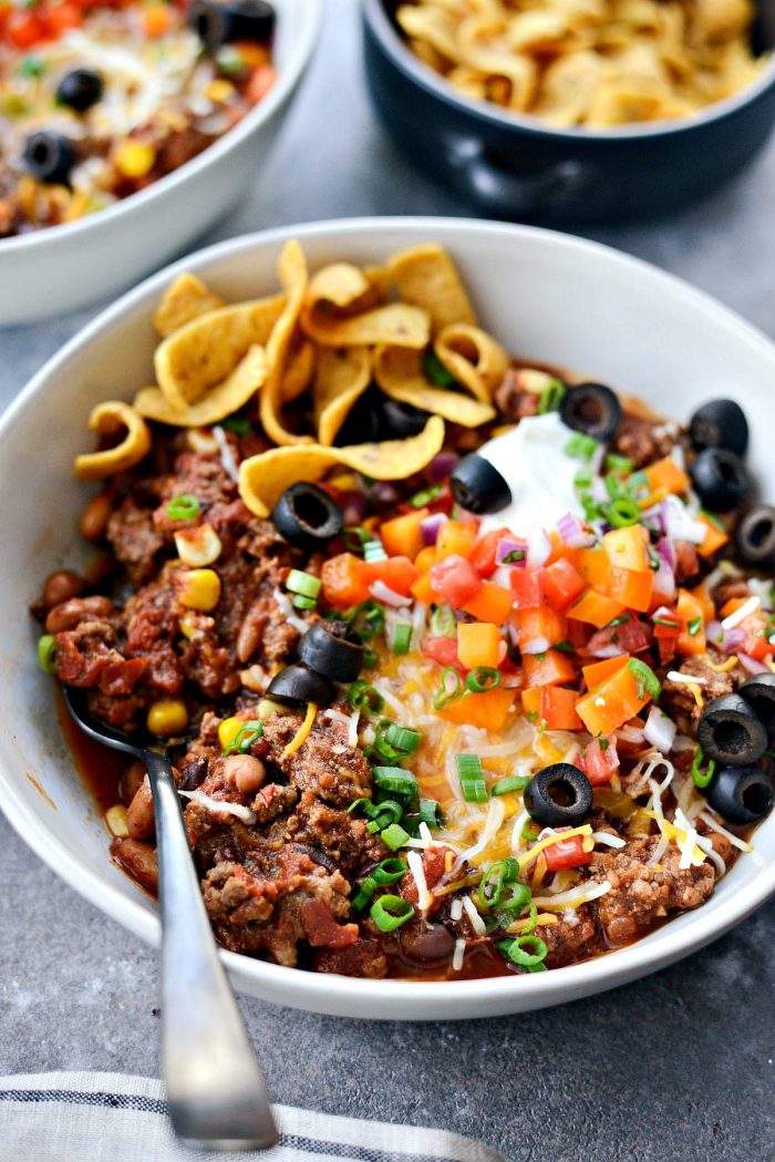 Slow Cooker Taco Chili l SimplyScratch.com #slowcooker #taco #chili #gameday #chilirecipe #tacochili #homemadechili