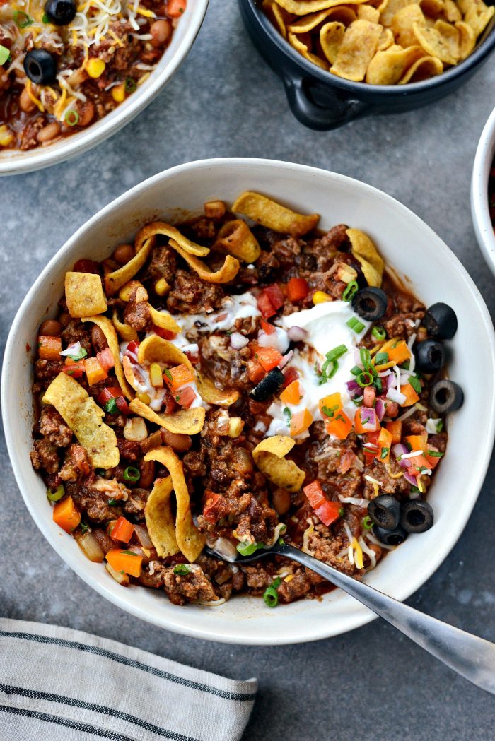 Slow Cooker Taco Chili l SimplyScratch.com #slowcooker #taco #chili #gameday #chilirecipe #tacochili #homemadechili