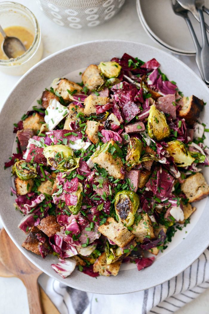 Corned Beef and Rye Panzanella l SimplyScratch.com #leftover #cornedbeef #ryebread #panzanella #brusselssprouts #salad #breadsalad #radicchio