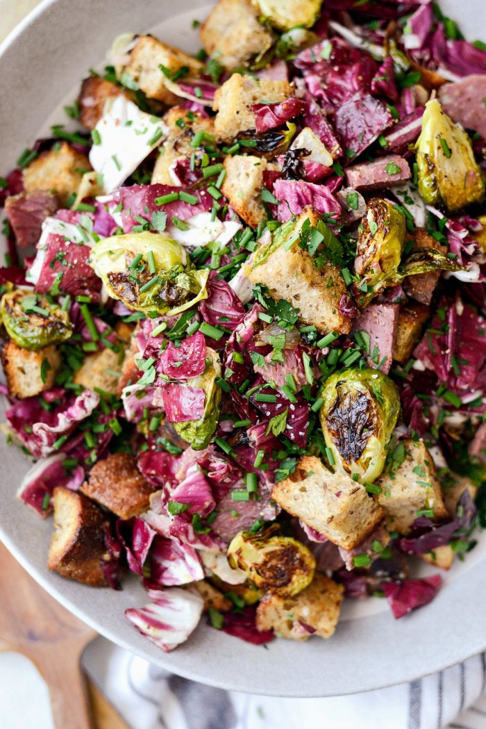 Corned Beef and Rye Panzanella l SimplyScratch.com #leftover #cornedbeef #ryebread #panzanella #brusselssprouts #salad #breadsalad #radicchio