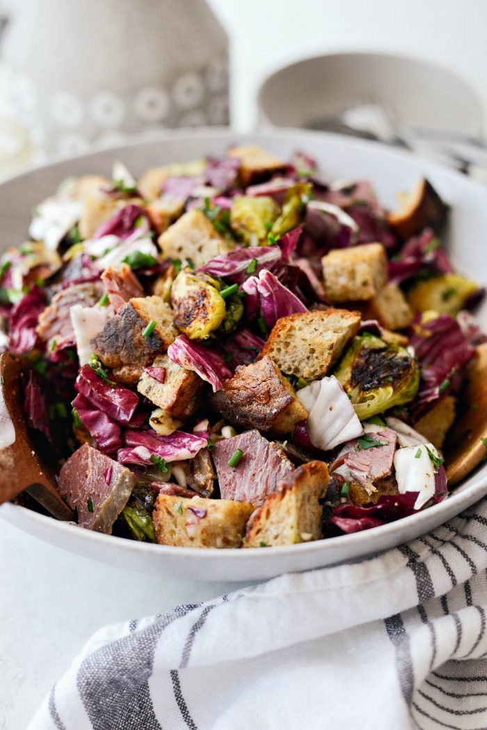 Corned Beef and Rye Panzanella in grey stone bowl