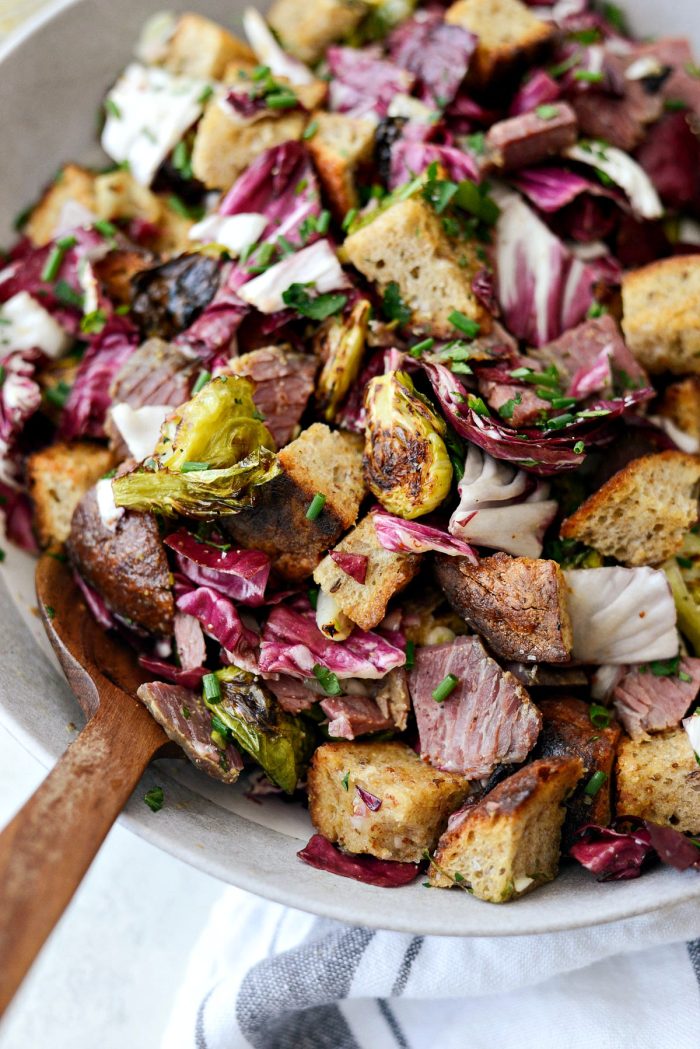 Corned Beef and Rye Panzanella l SimplyScratch.com #leftover #cornedbeef #ryebread #panzanella #brusselssprouts #salad #breadsalad #radicchio