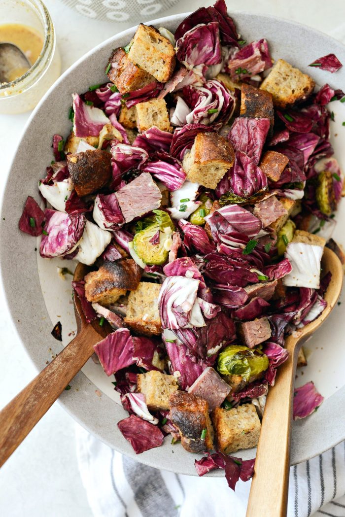 Corned Beef and Rye Panzanella l SimplyScratch.com #leftover #cornedbeef #ryebread #panzanella #brusselssprouts #salad #breadsalad #radicchio