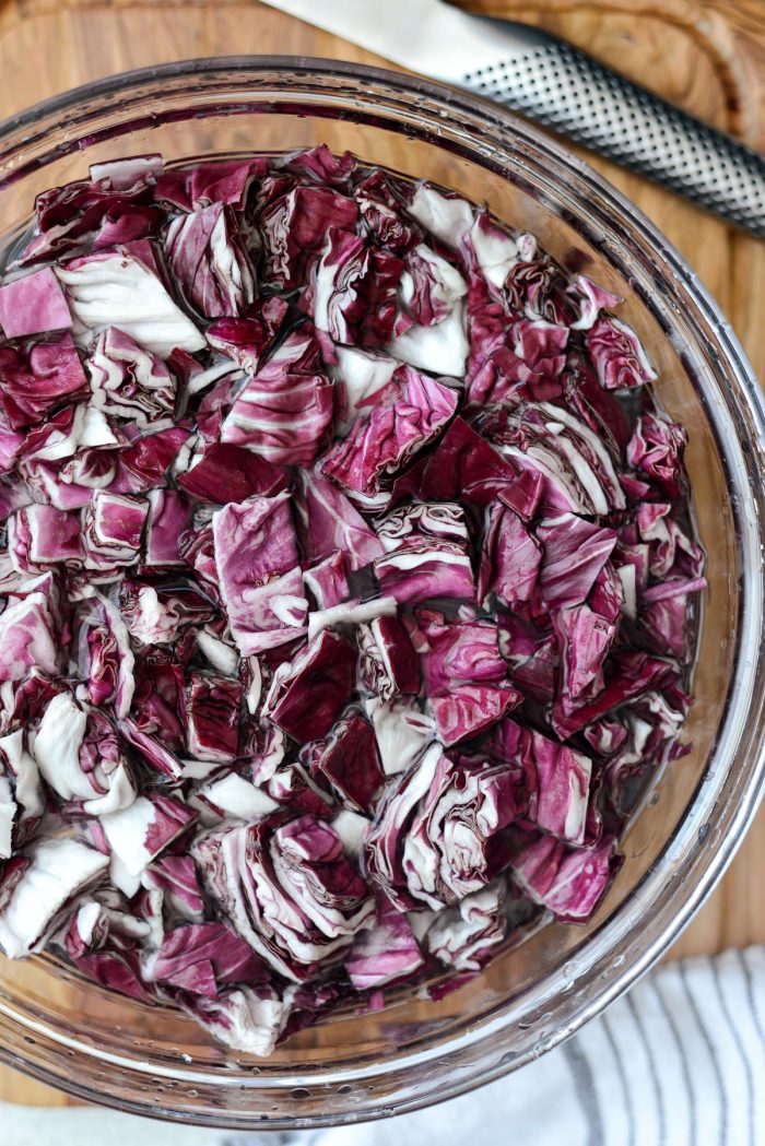 soaking chopped radicchio in ice water