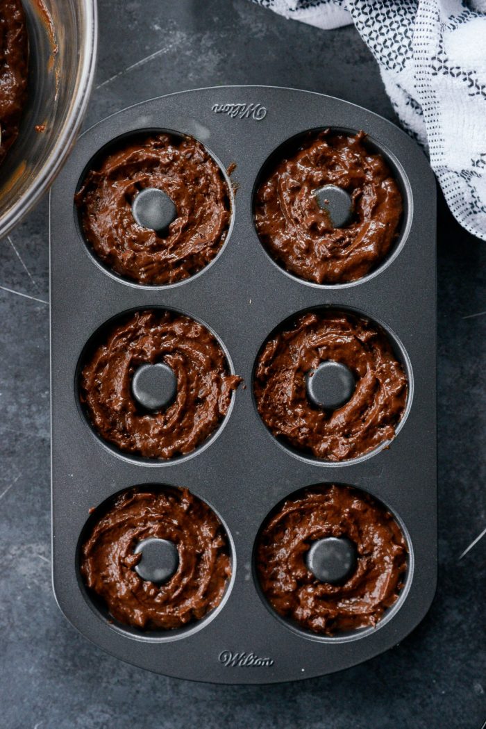 top down shot of filled doughnut pan.