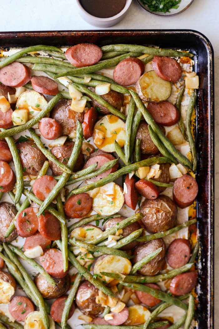 sheet pan dinner with reserved glazed drizzled over top