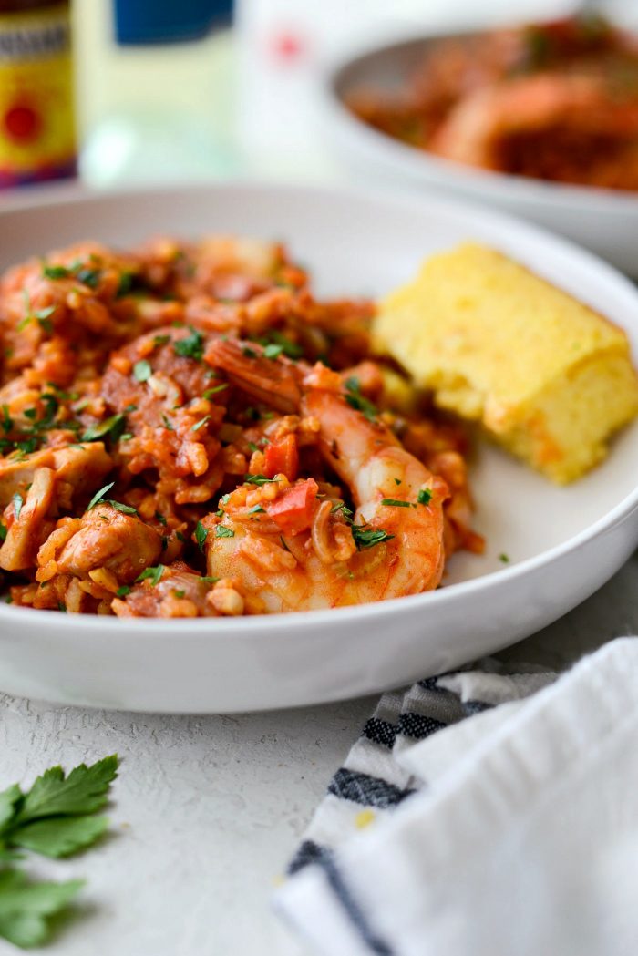 One Pot Jambalaya Recipe l SimplyScratch.com #skillet #shrimp #andouille #rice #creole #chicken #homemade