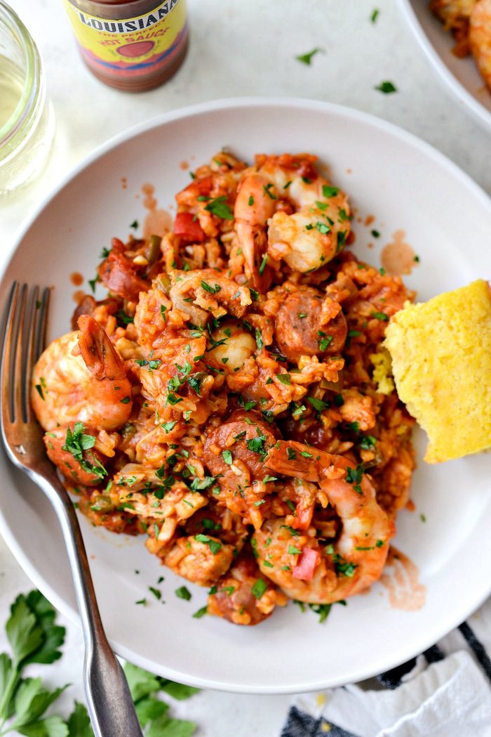 One Pot Jambalaya Recipe l SimplyScratch.com #skillet #shrimp #andouille #rice #creole #chicken #homemade