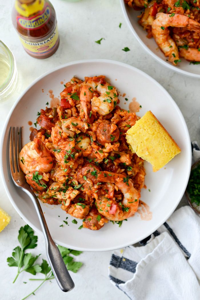 One Pot Jambalaya Recipe l SimplyScratch.com #skillet #shrimp #andouille #rice #creole #chicken #homemade