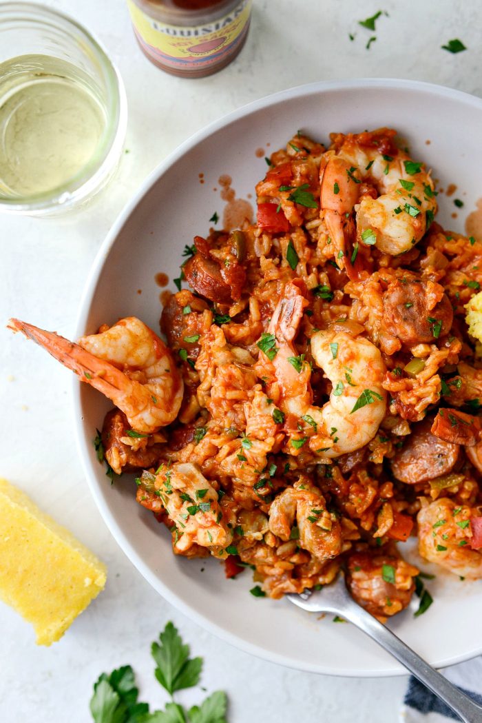 One Pot Jambalaya Recipe l SimplyScratch.com #skillet #shrimp #andouille #rice #creole #chicken #homemade