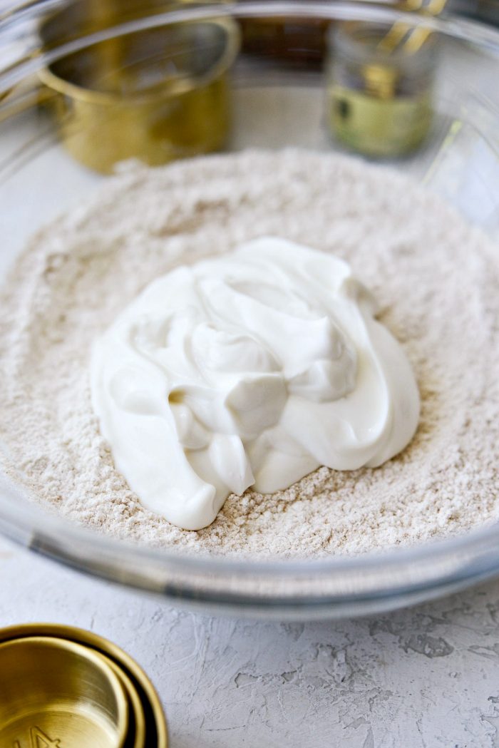 add vanilla Greek yogurt to dry ingredients