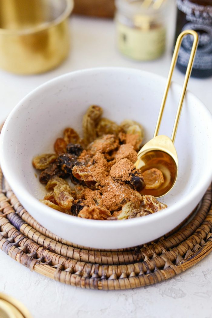 soaked raisins drained with cinnamon and sugar.