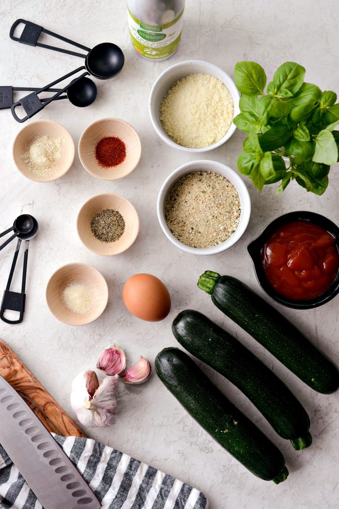 top down photo of zucchini fries and basil ketchup ingredients.