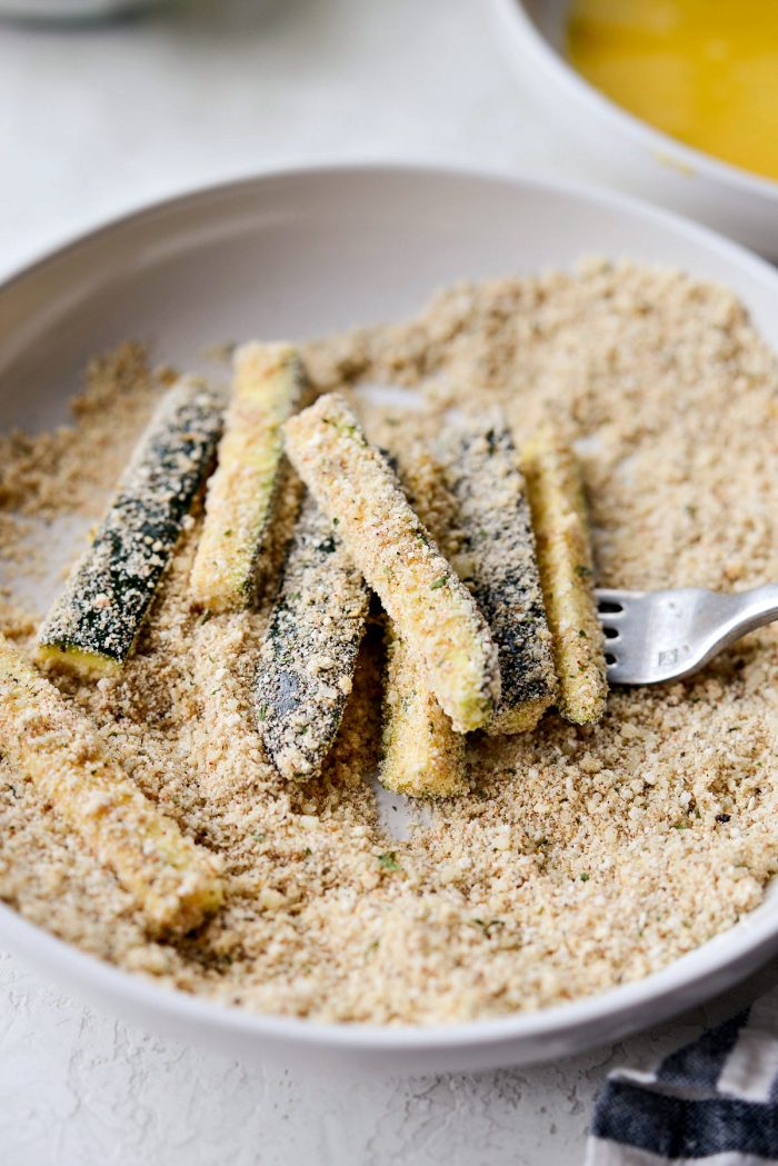 zucchini fries coated with parmesan breadcrumb mixture.