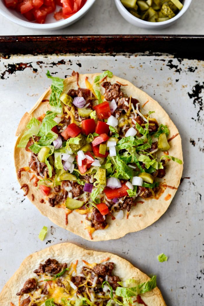 Cheeseburger Tortilla Pizza l SimplyScratch.com #cheeseburger #tortilla #pizza #quick #easy #beef 