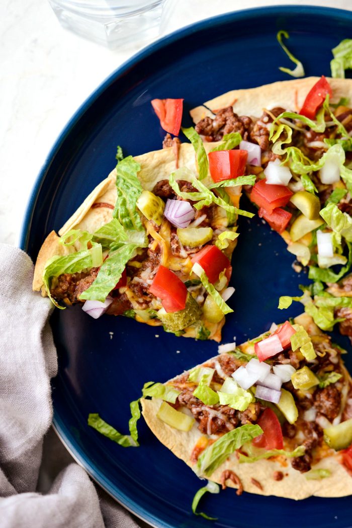 Cheeseburger Tortilla Pizza l SimplyScratch.com #cheeseburger #tortilla #pizza #quick #easy #beef