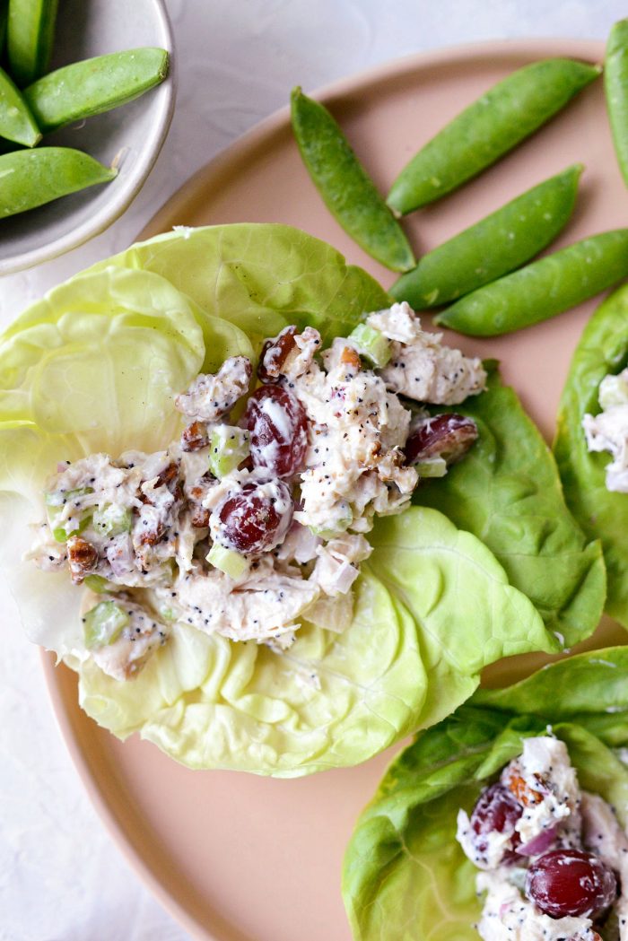 Greek yogurt chicken salad in boston lettuce on a pink plate.