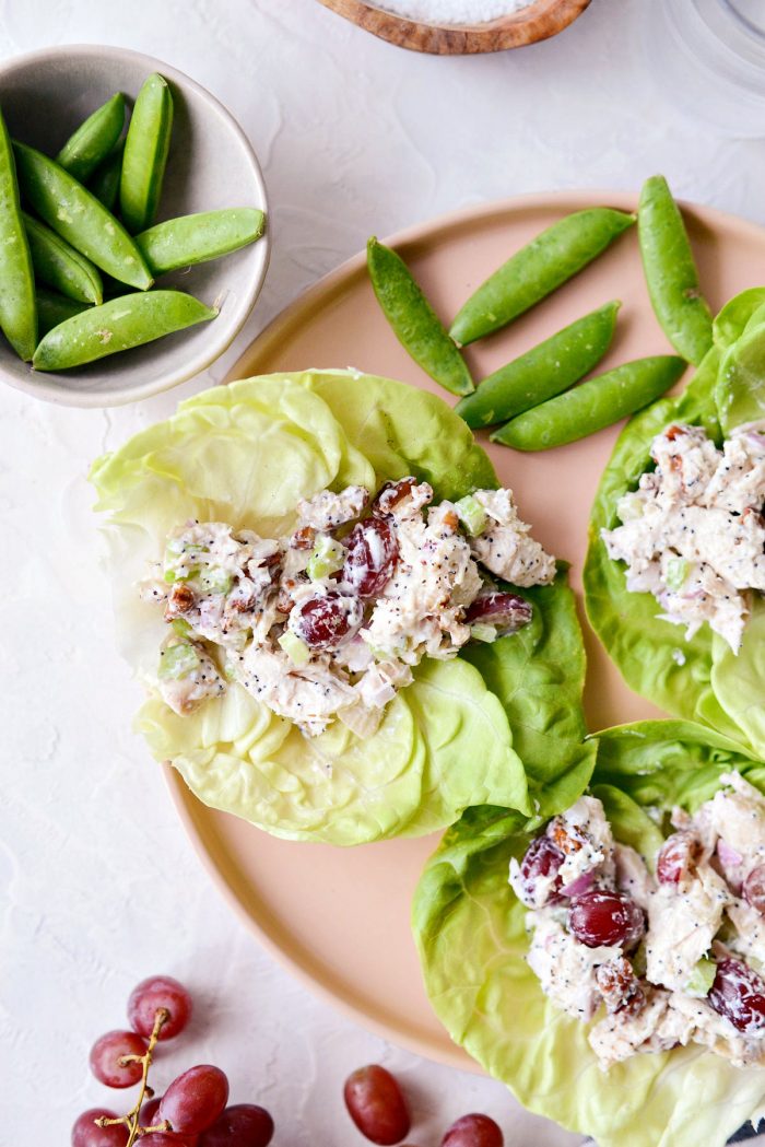 healthy Greek yogurt chicken salad with grapes and pecans.