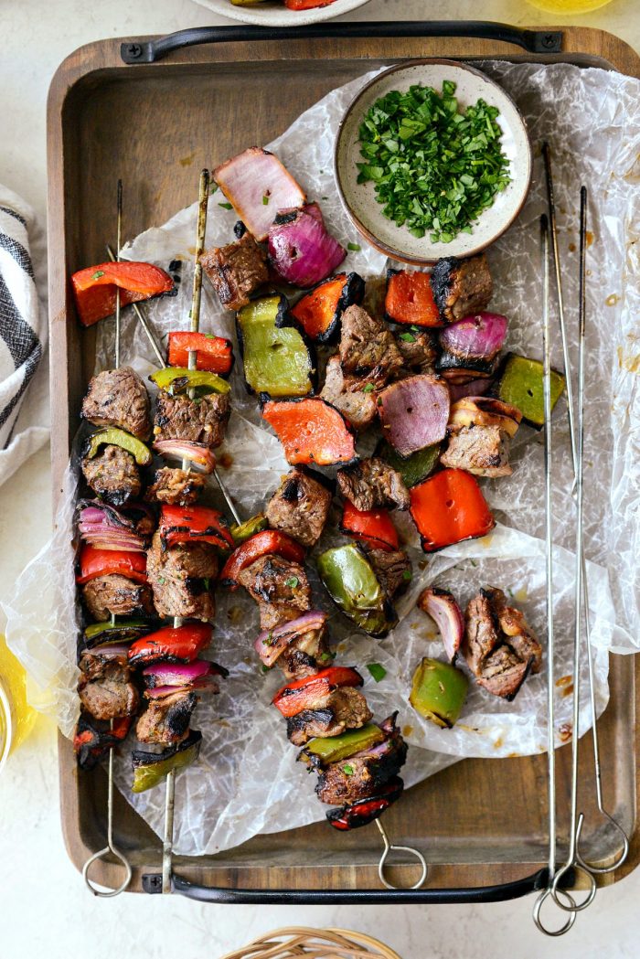 Grilled Marinated Steak Kebabs removed from skewers.