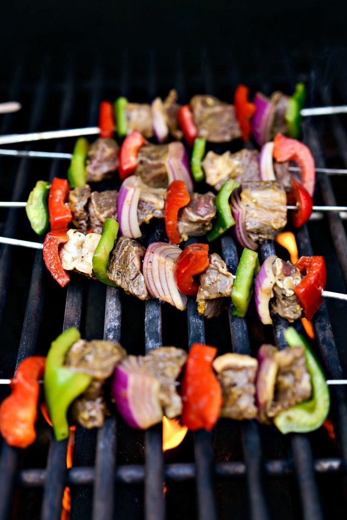 steak kebabs on grill