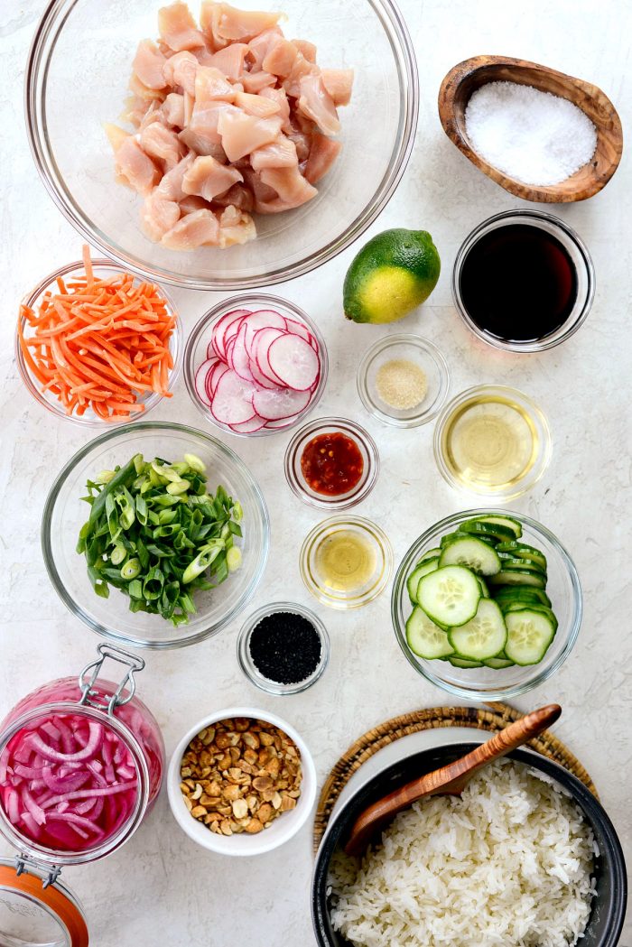 top down shot of ingredients for ponzu chicken rice bowls