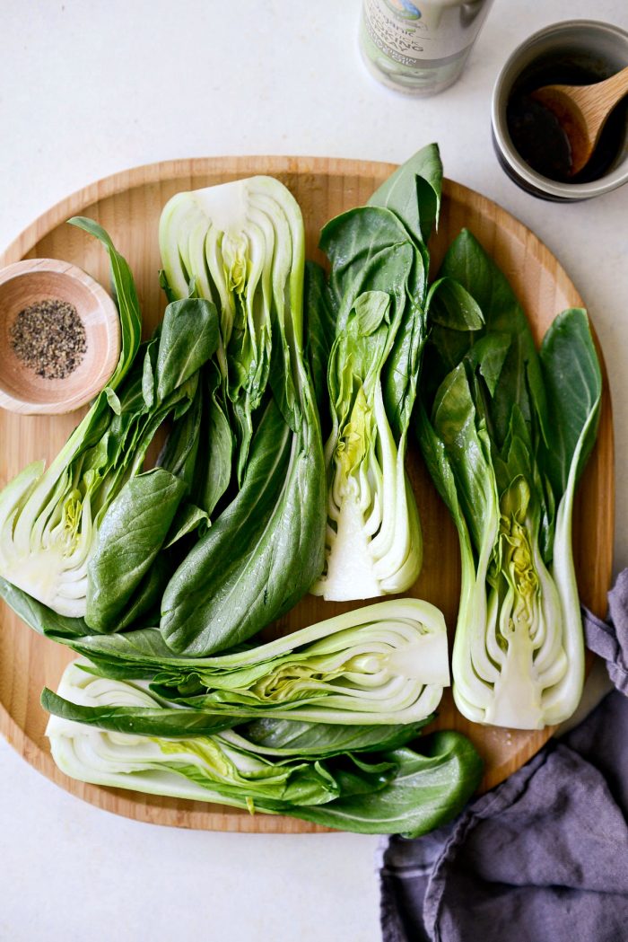 bamboo tray of cut baby Bok Choy.