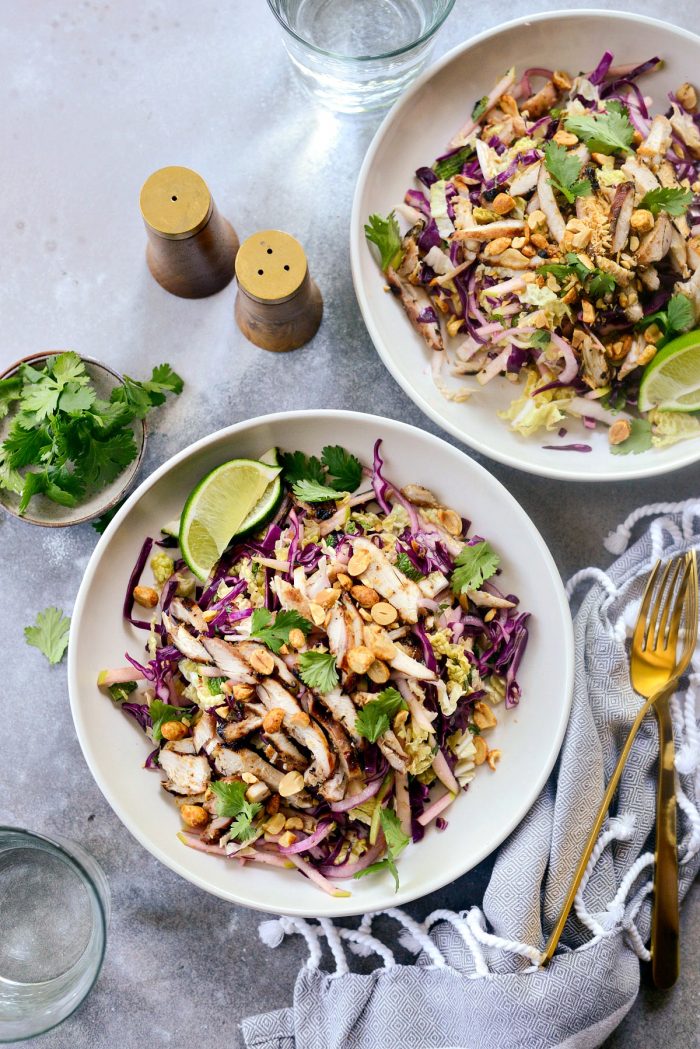 Grilled Thai Chicken Salad with cilantro and chopped peanuts.