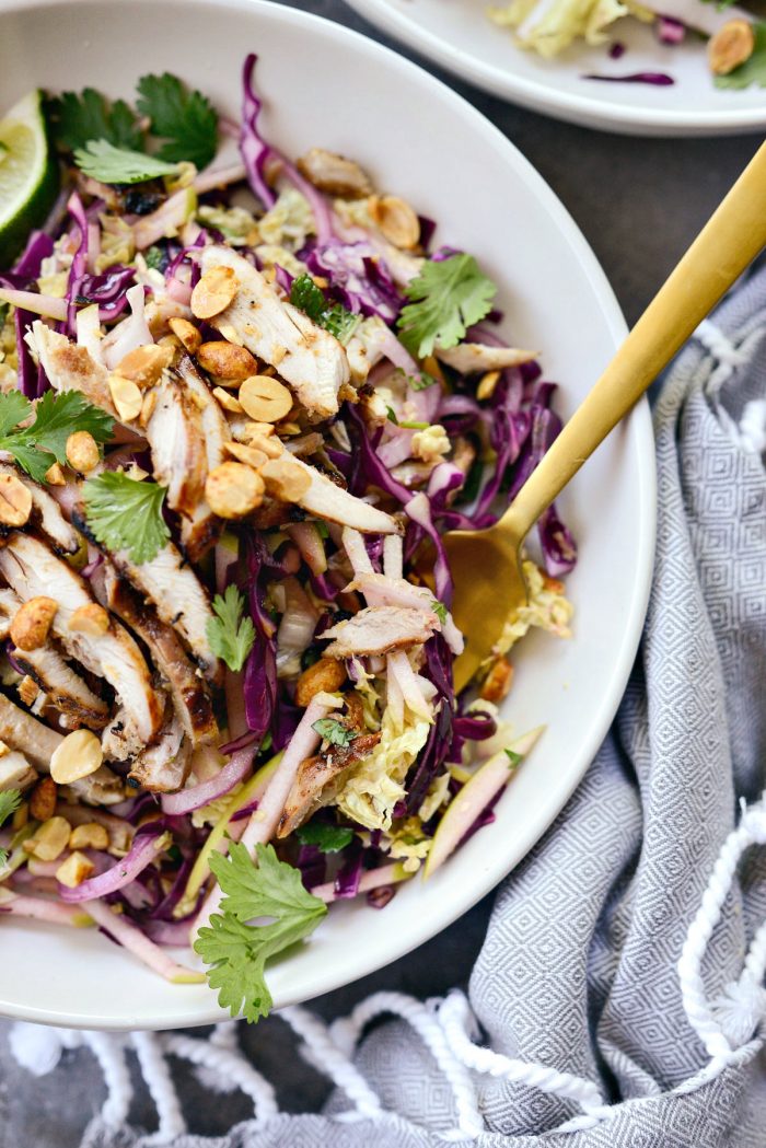 close up of a forkful of Grilled Thai Chicken Salad.