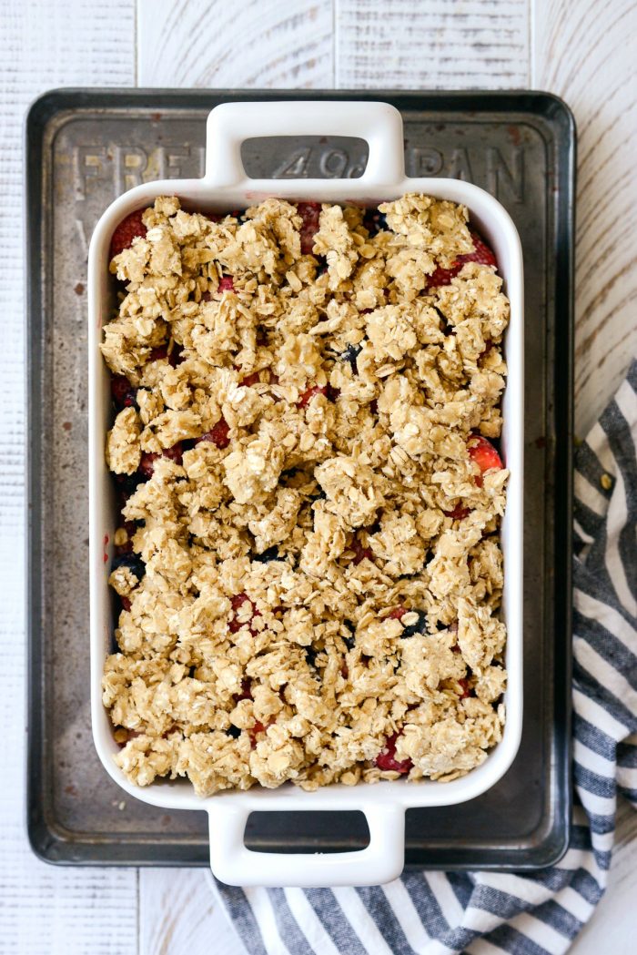 Baking dish on metal baking pan to catch any spills.