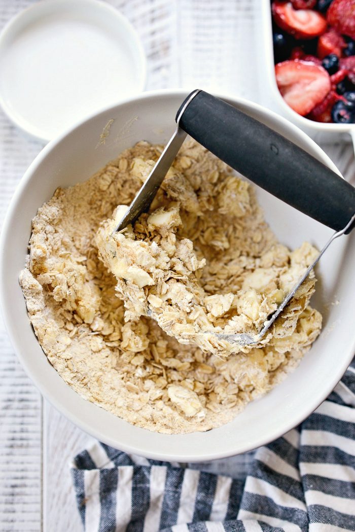 Blend dry ingredients with butter.
