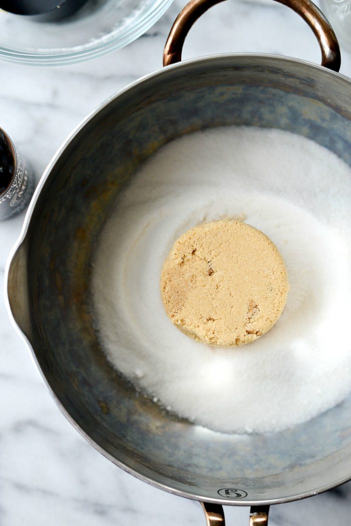 granulated and light brown sugar in a saucepan.