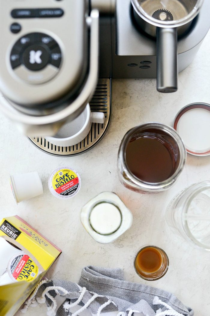 ingredients with Keurig for Iced Caramel Vanilla Latte.