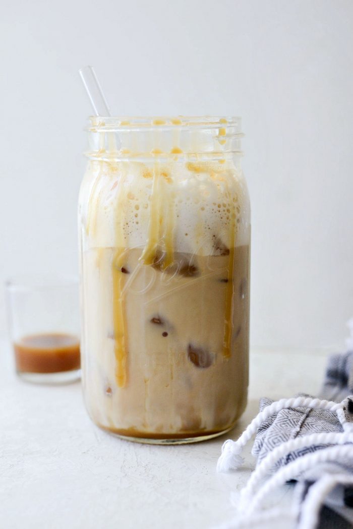 drizzle of extra caramel over Iced Caramel Vanilla Latte.