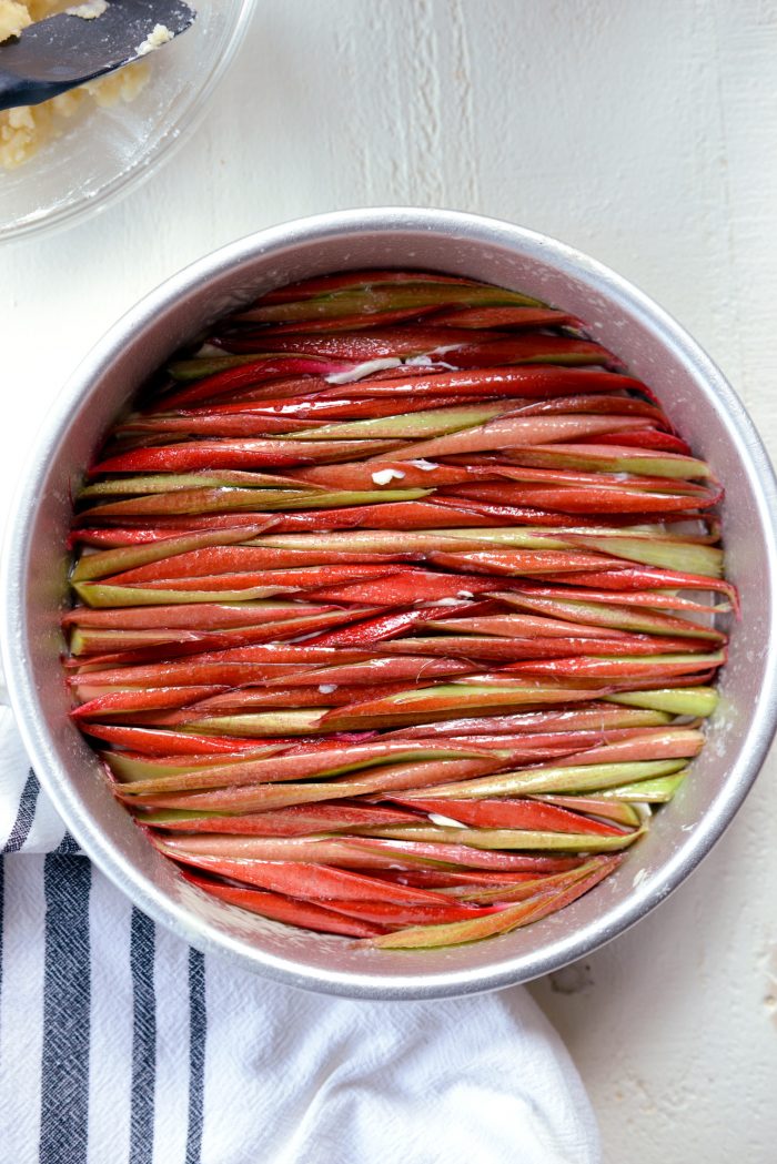 sliced rhubarb mosaic-ly pressed into pan.