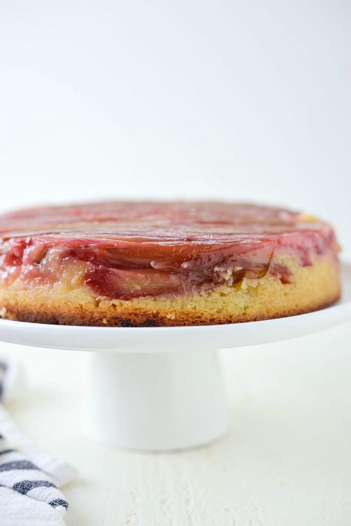 side view of Martha's Rhubarb Upside Down Cake.