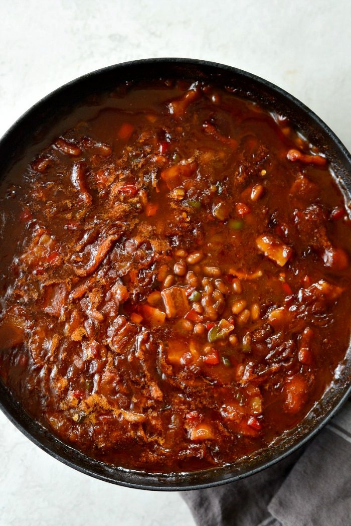 one pot wicked baked beans hot out of the oven.