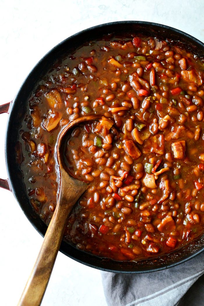 wooden spoon in one pot wicked baked beans