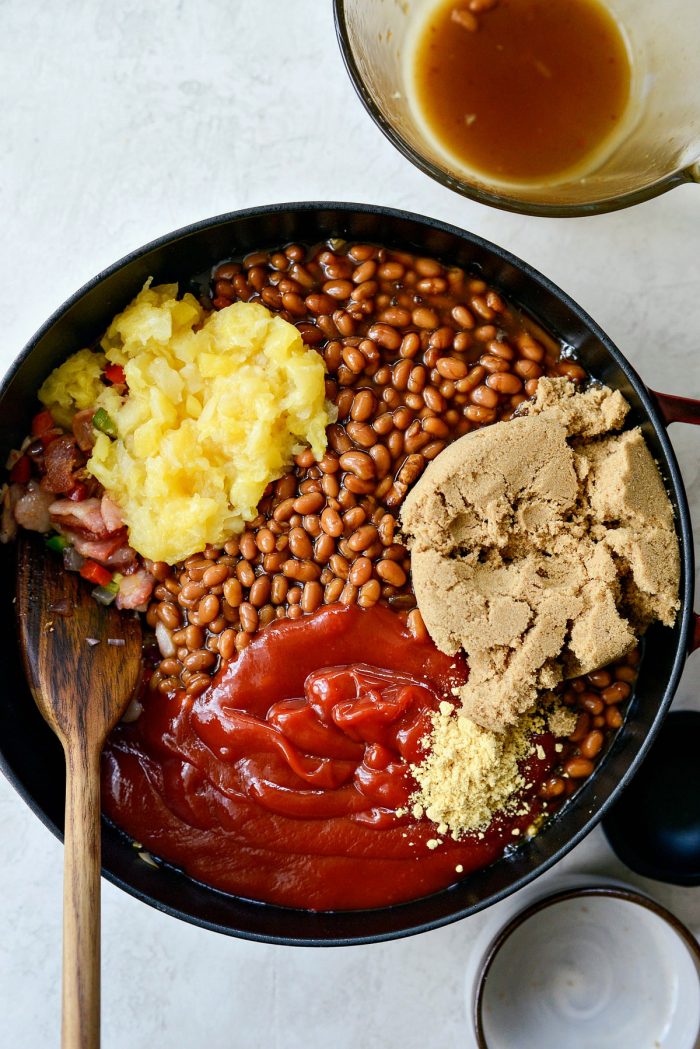 add beans, ketchup, crushed pineapple, brown sugar, mustard and worcestershire sauce.