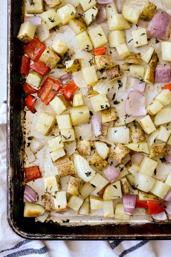 roasted vegetables on sheet pan.