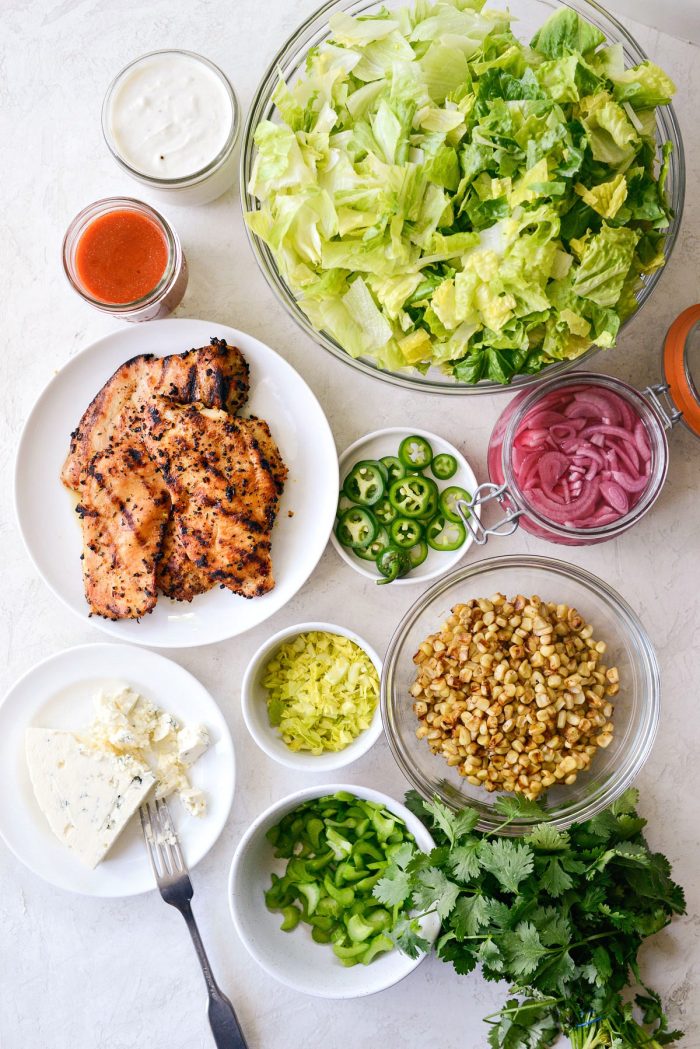 Summer Buffalo Grilled Chicken Salad ingredients.