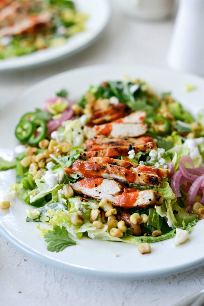 close up of buffalo grilled chicken salad.