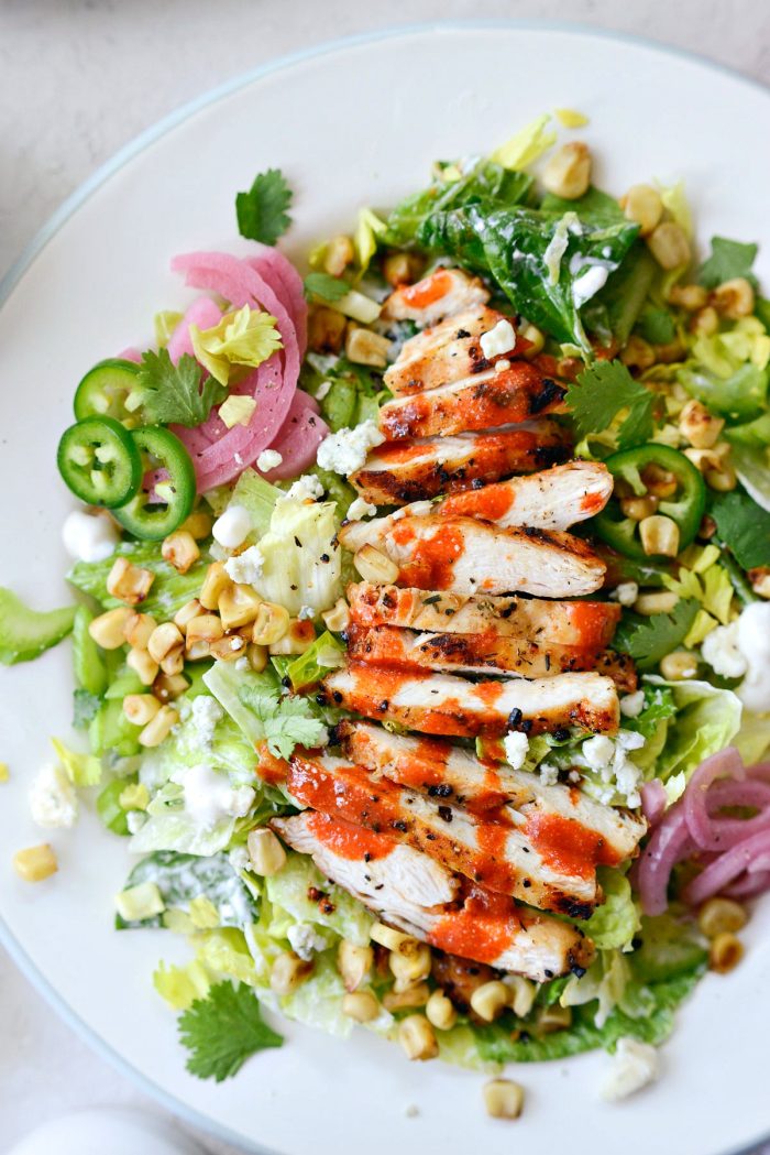 close up of buffalo grilled chicken salad.