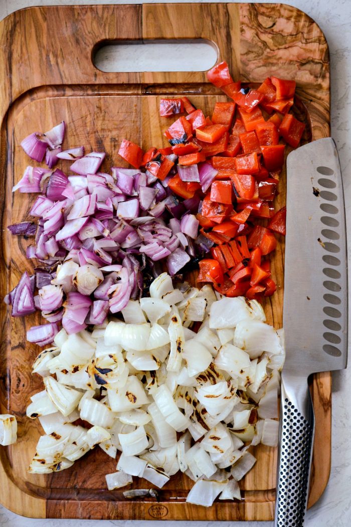 chopped grilled pepper and onions