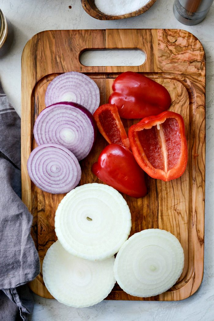 red bell pepper, red onion and vidalia onion sliced