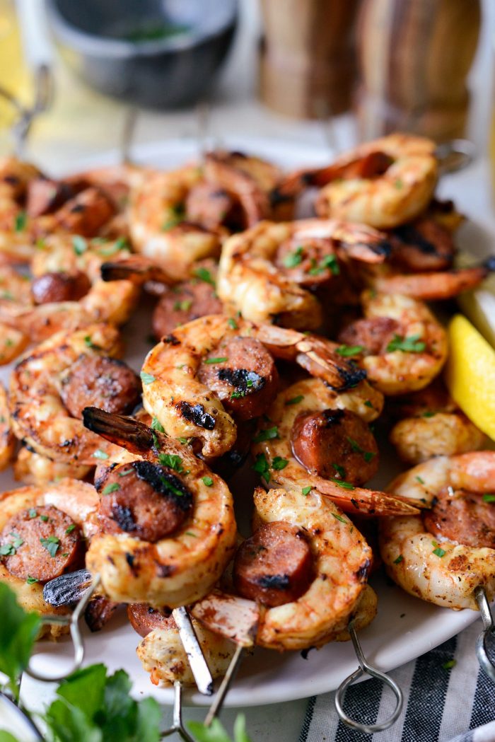 close up of Grilled Cajun Shrimp and Andouille Skewers.