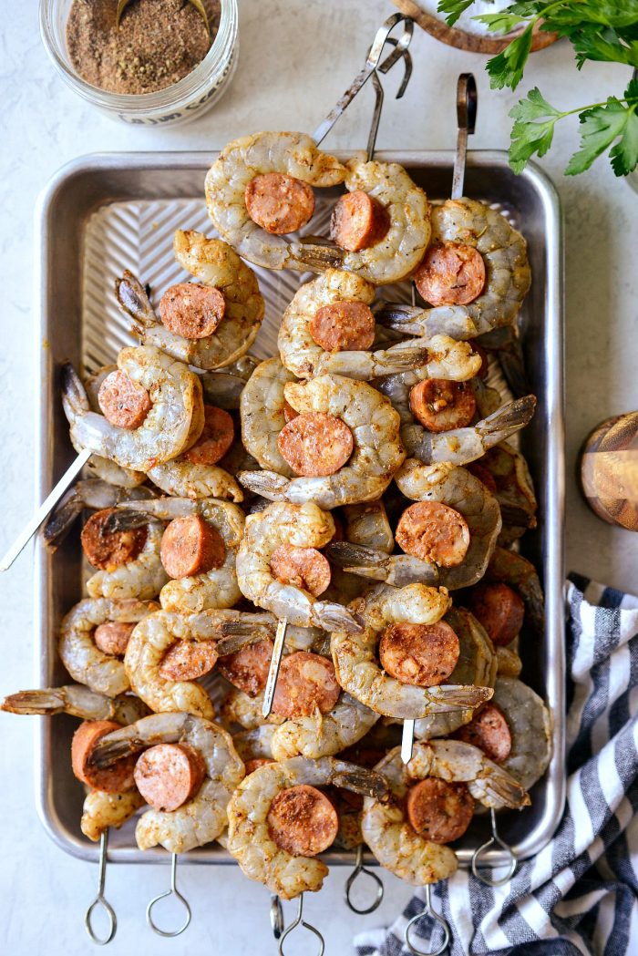 shrimp and andouille on metal skewers