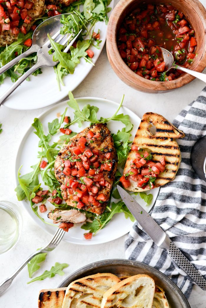 top down shot of grilled chicken bruschetta with grilled bread